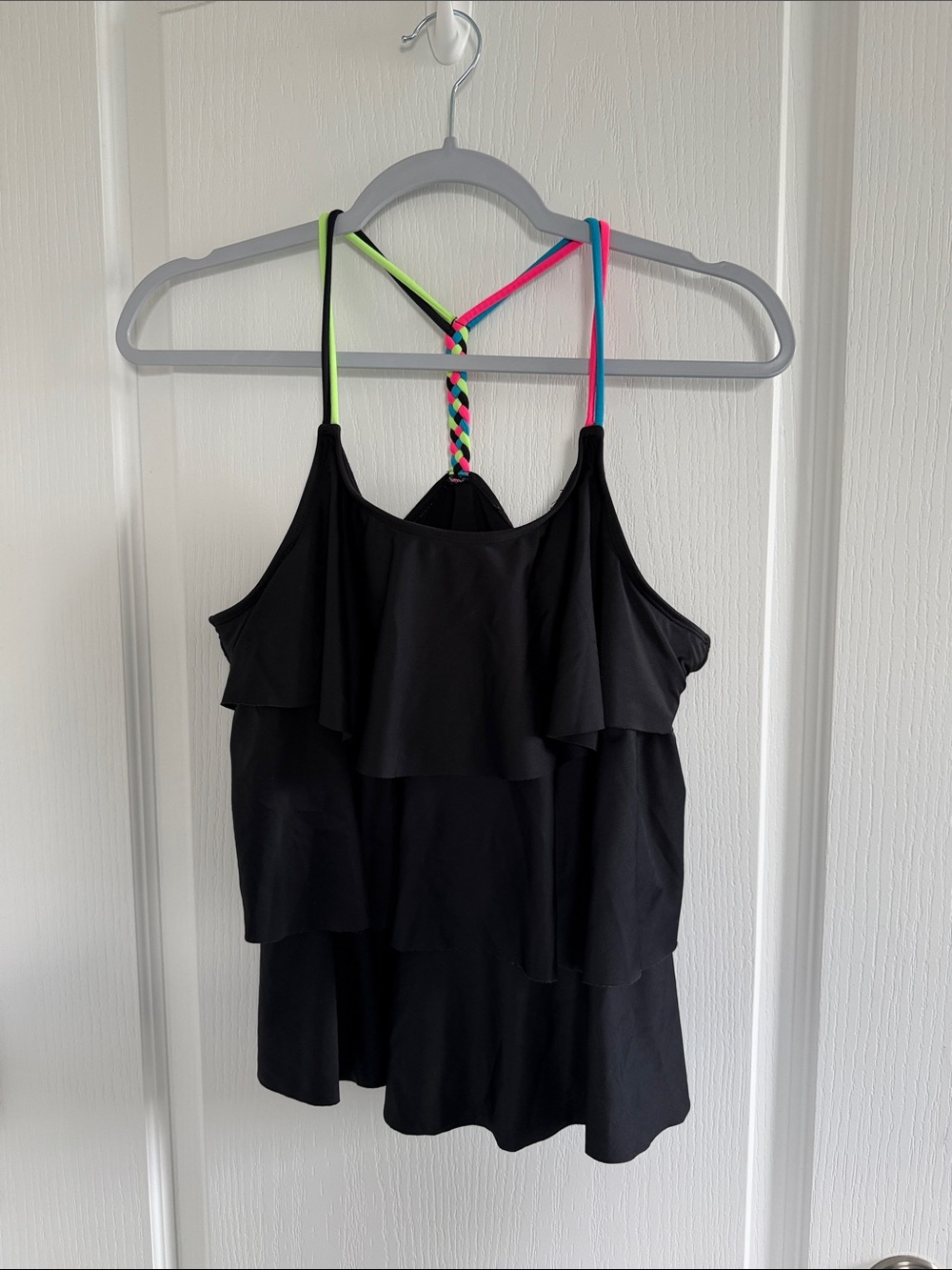 Justice Black Tiered Ruffle Tankini Top with Neon Braided Straps youth 18 plus